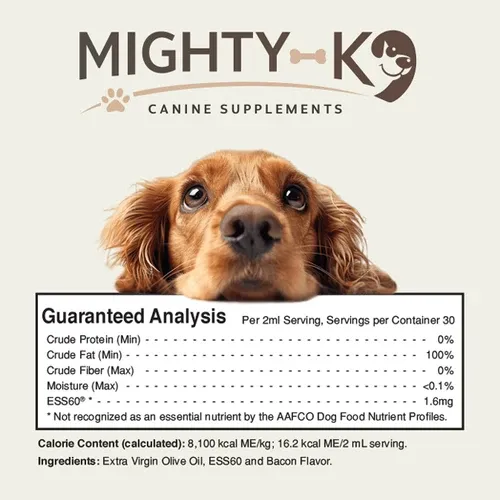 Mighty K9 guaranteed analysis label with ESS60 and organic extra virgin olive oil
