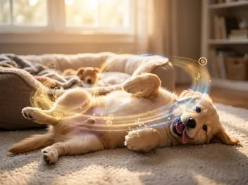 Dog getting up after resting on a bed