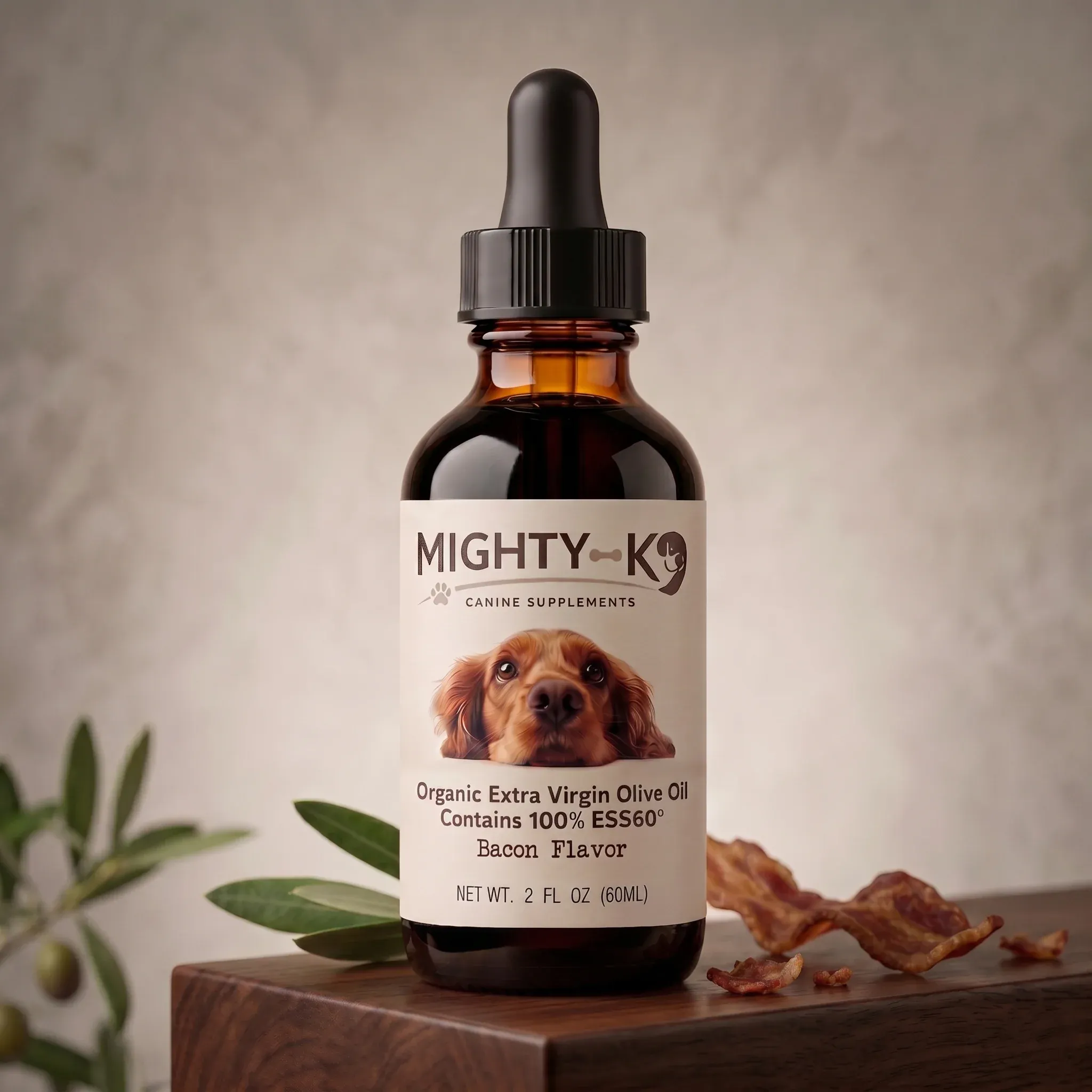Mighty K9 bacon flavored olive oil supplement bottle for senior dogs